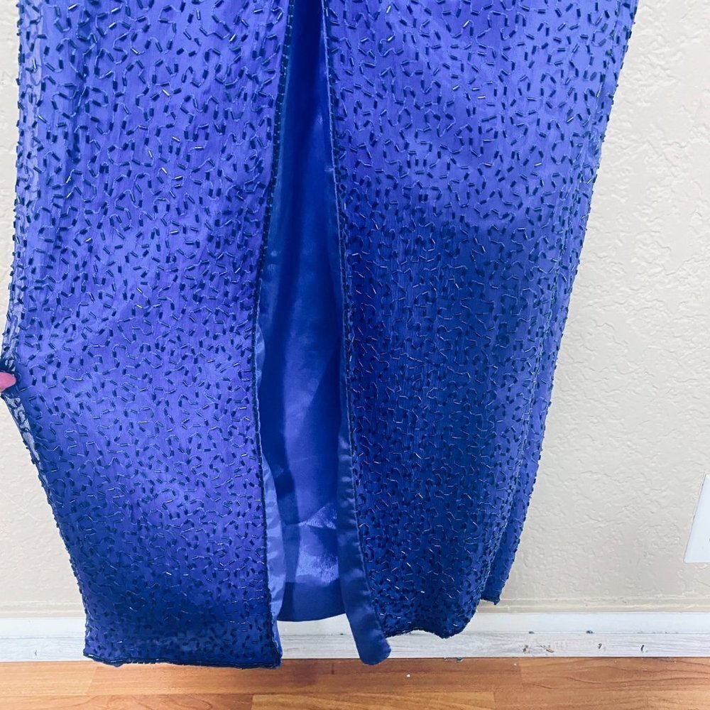 Linzas Vintage Y2K Straight Dress Gown Size Medium Blue Silk Sequined - Picture 8 of 10